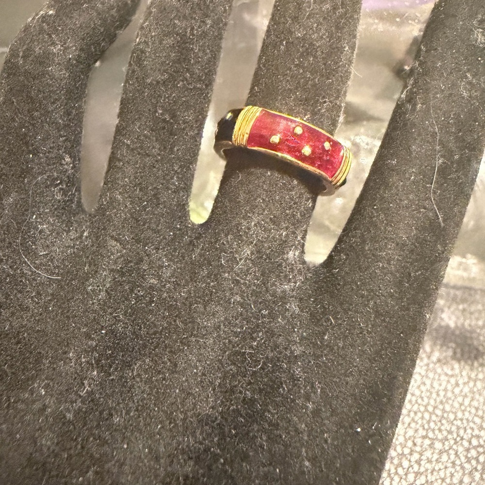 Joan Rivers Gold and Black and Red Enamel  Ring with Dot Design